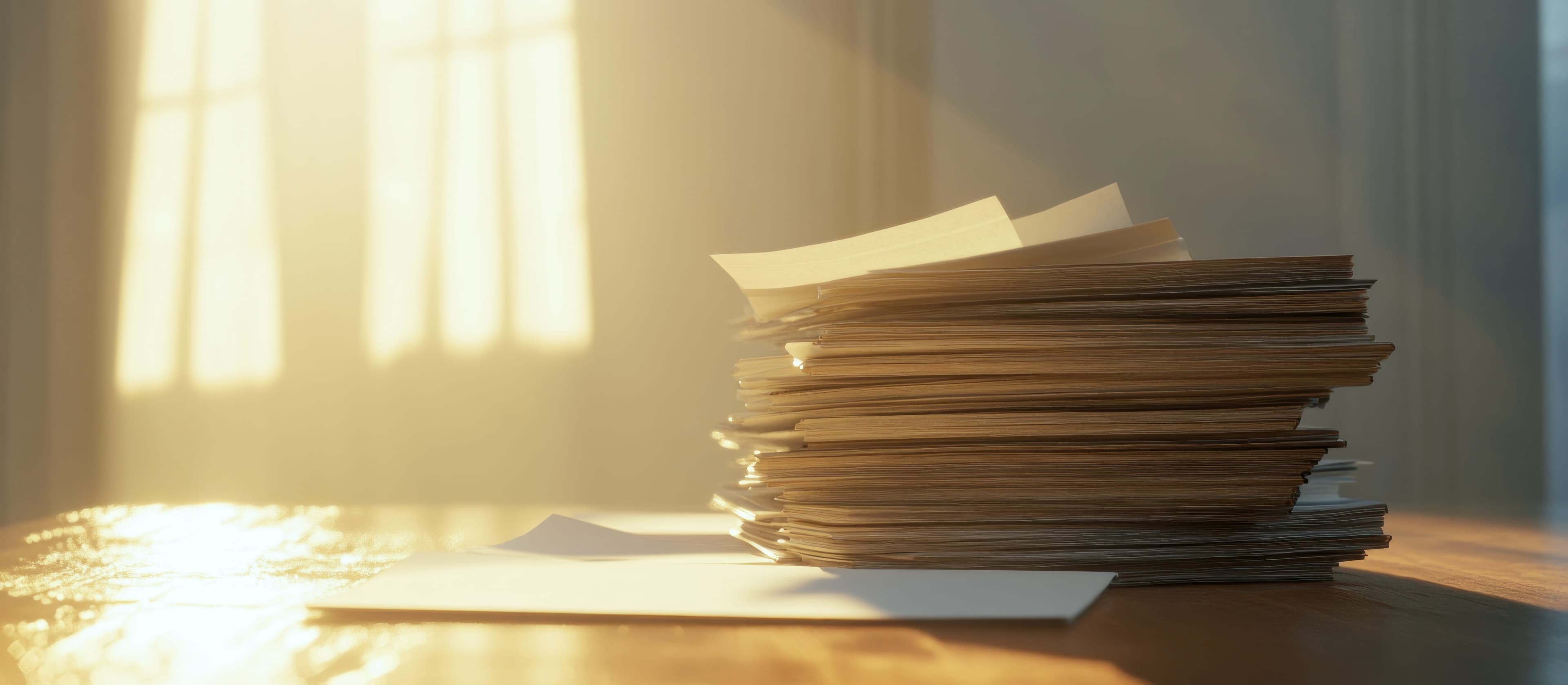 Stack of paper records on a wooden desk, warm afternoon light through window